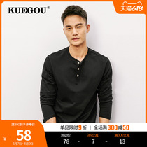 Kuegou Pure Cotton Men Long Sleeve T-shirt Trend Casual Pure Color Blouse European and American Jane Henry shirt man 88025