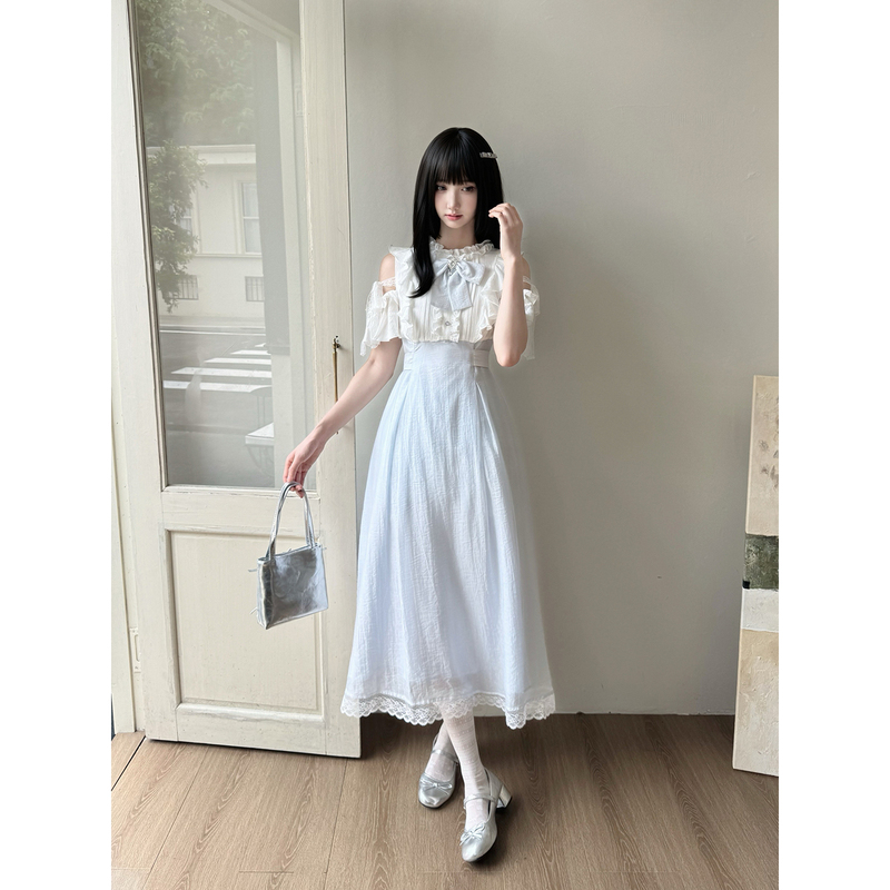 Lalajiang Misty Sea Short-Sleeve Long Dress Clear and Gentle Sea Salt Blue and White Patchwork Off-Shoulder Dress for Girls