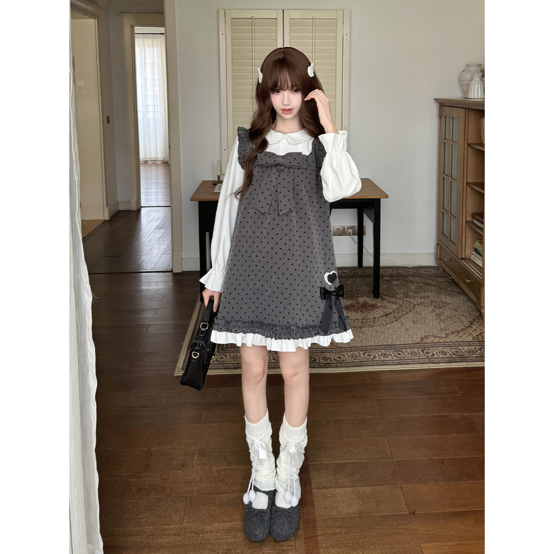 La La Sauce Gray Candy Box Retro Gray Polka Dot Fake Two-Piece Long Sleeve Dress Autumn Loose Girl Doll Dress La La Sauce Gray Candy Box Retro Gray Polka Dot Fake Two-Piece Long Sleeve Dress Autumn Loose Girl Doll Dress
