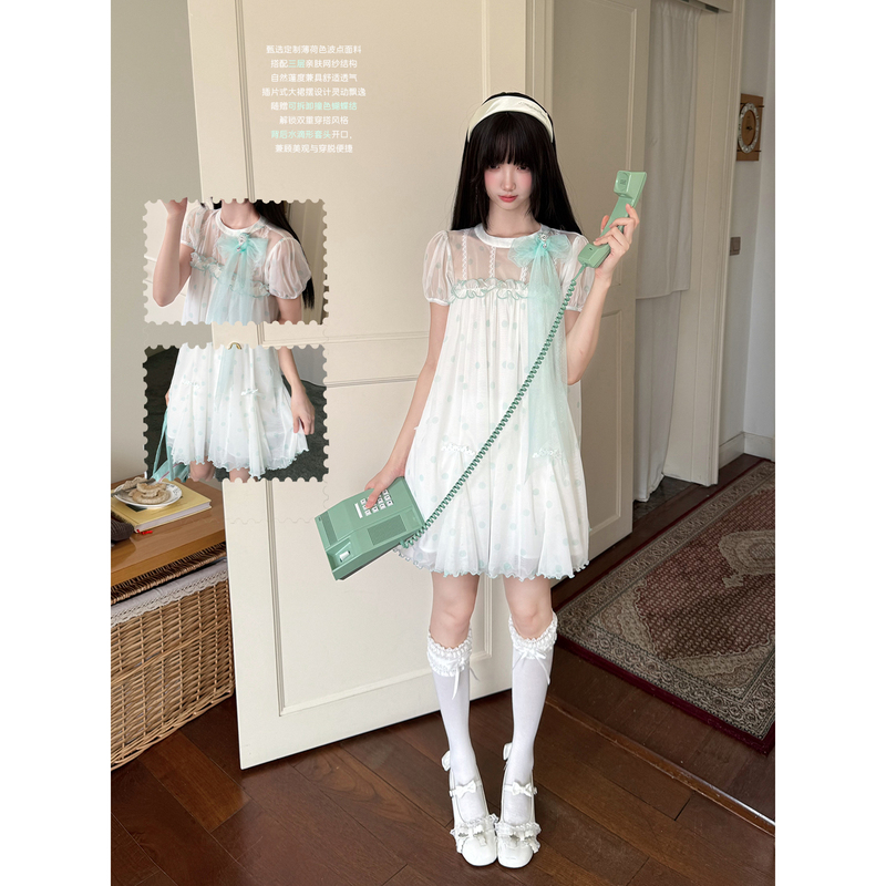 La La Sauce Mint Polka Dot Candy Fresh Mint Green Polka Dot Dress See-Through Lace Soft Girl Three-Layer Doll Dress La La Sauce Mint Polka Dot Candy Fresh Mint Green Polka Dot Dress See-Through Lace Soft Girl Three-Layer Doll Dress