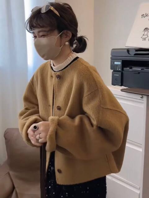 Double-sided cashmere coat for women short 2025 autumn and winter new Korean version round neck single-breasted small fragrance style wool jacket