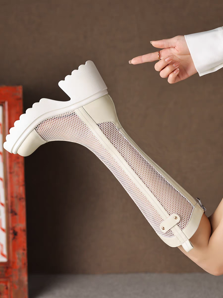 Knight women's thick soled summer hollow high not over the knee mesh long boots, cool boots trend_voghion.com