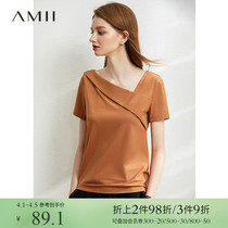 Amii design feel white short sleeve T-shirt woman 2022 early spring new slanted V collar lock bone carefully machine casual blouses