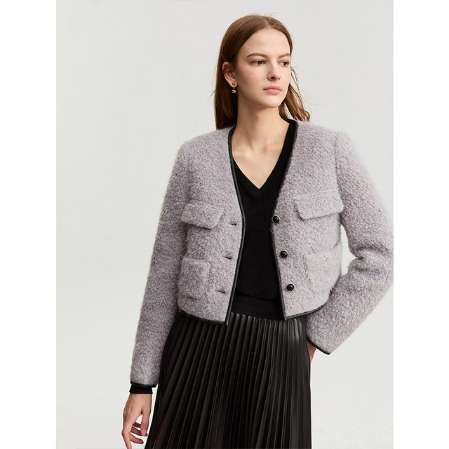 Amii Xiaoxiangfeng Woolen Jacket ຂອງແມ່ຍິງ 2024 ລະດູຫນາວໃຫມ່ສັ້ນ Loose Jacket Round Neck Minimalist Commuting Jacket