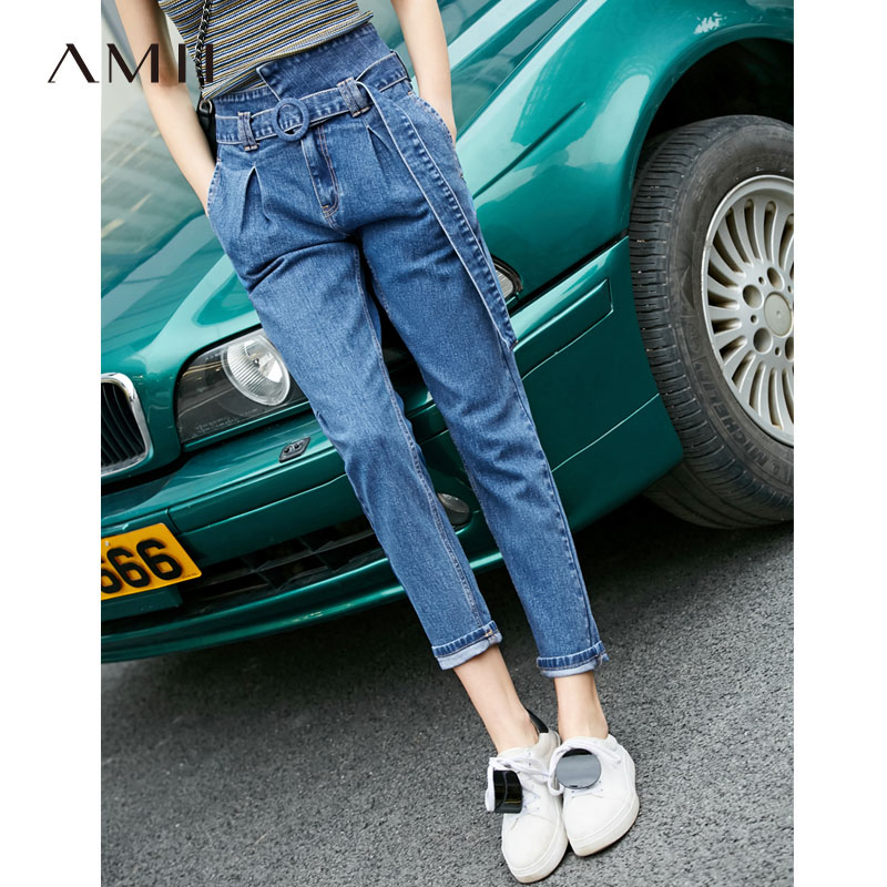 Amii minimalist ulzzang fashion trend bf denim pants 2020 summer new paper bag pants with belt pants