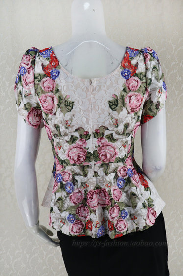 New! European BL slave jacquard printed round neck short-sleeved slim fit lotus leaf hem lace shirt women's summer top E5346
