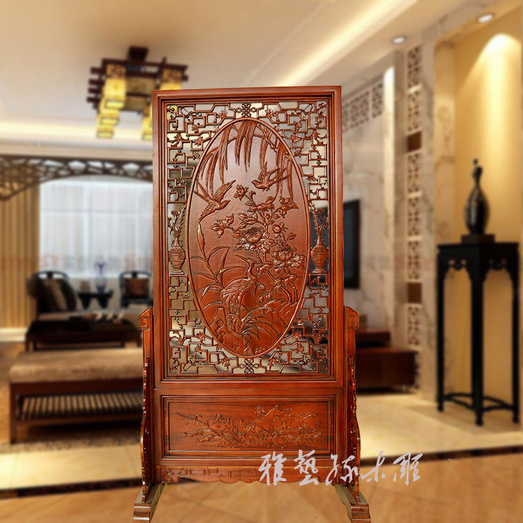 Wood carving seat screen, all solid wood head screen, double-sided carving, new Chinese-style living room partition, porch, feng shui blocking