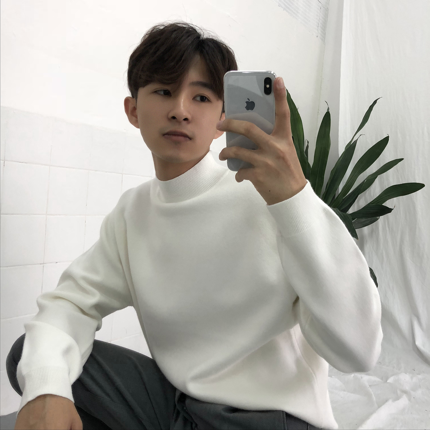 Xiao Ming bene đáy phiên bản Hàn Quốc bất khả chiến bại của đơn giản màu xám chic chic nhỏ cổ cao áo len áo len nam áo len nam mỏng