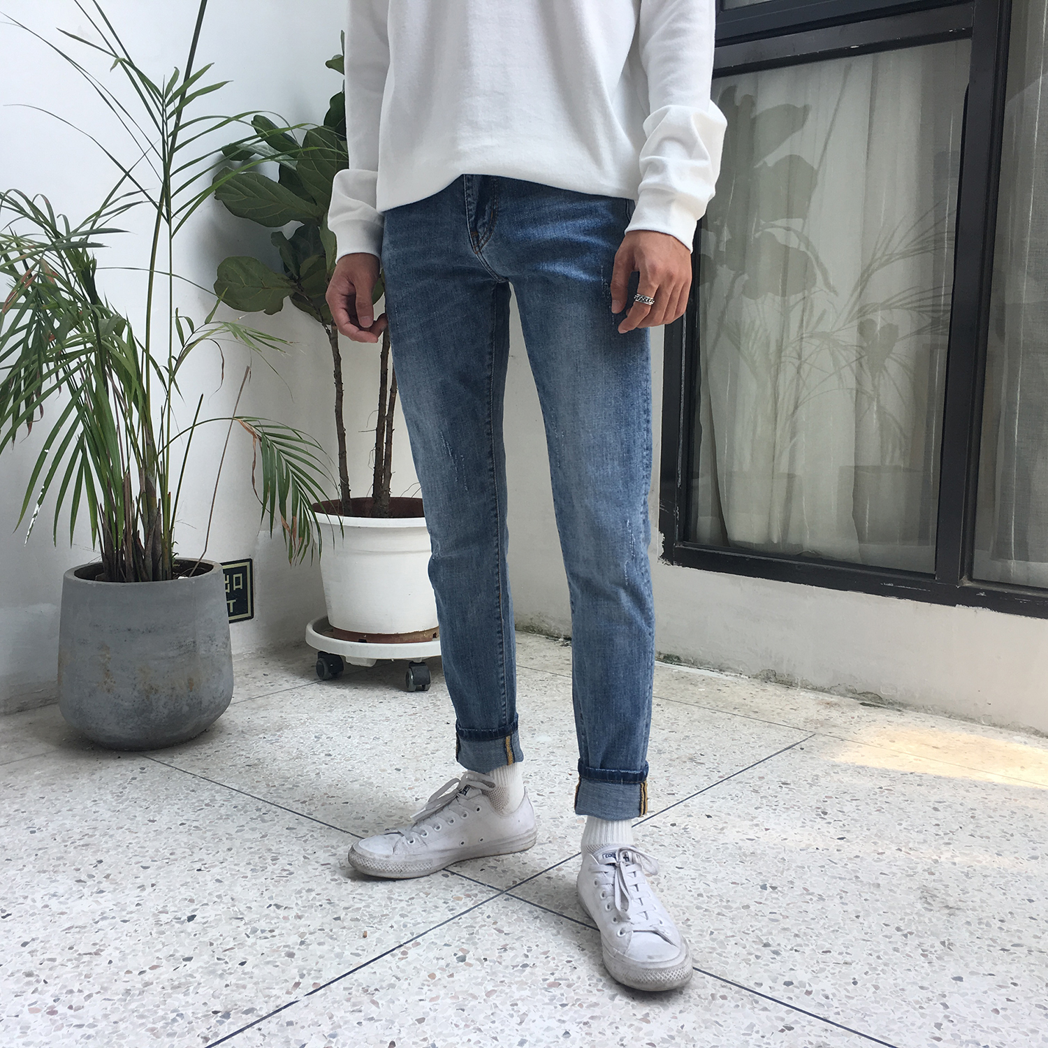 小明bene 牛仔裤还是小明家 简约复古蓝色牛仔裤小脚裤长裤