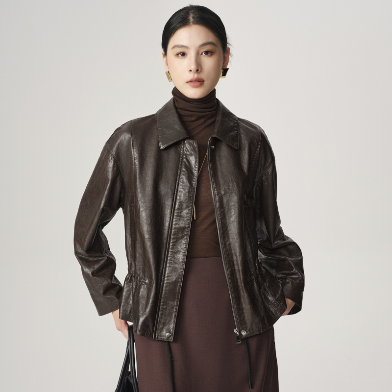 Imported Top-Grain Oil Wax Sheepskin Genuine Leather Jacket for Women, Short Style, Elegant, Waist-Cinching, Slimming, 2026 Spring New European Style