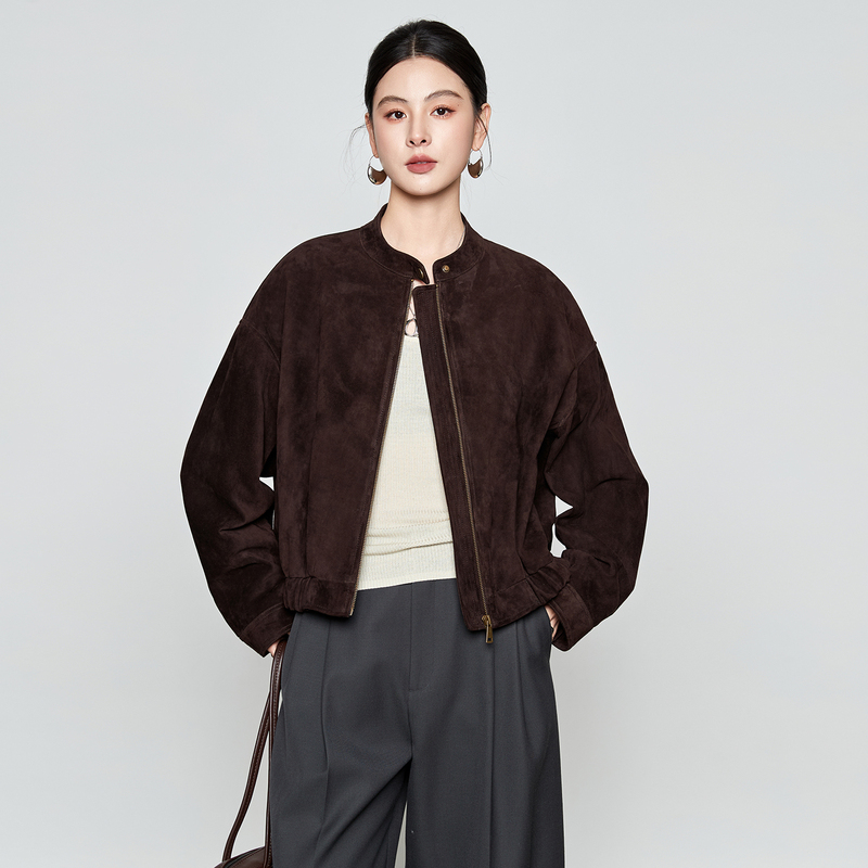 Imported Top-Grain Suede Sheepskin Leather Jacket for Women, Short Stand-Up Collar Silhouette Jacket, 2026 Autumn New High-End Model