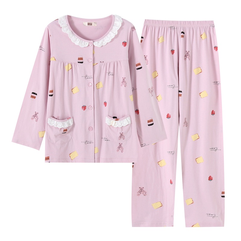 Air Conditioning Suit Pyjamas Woman Summer Thin cotton long sleeve female pyjamas middle-aged and older ladies pyjamas cardiovert moms sleepwear pants sets of pants