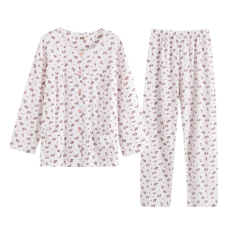 Middle-aged mother's pajamas women's summer thin cotton long-sleeved pajamas cotton elderly pajamas women's collarless pajamas women