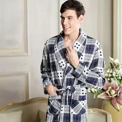 Bathrobe men spring and autumn cotton middle-aged long-sleeved men's nightgown home clothes summer and autumn Japanese lace-up hotel men's bathrobe