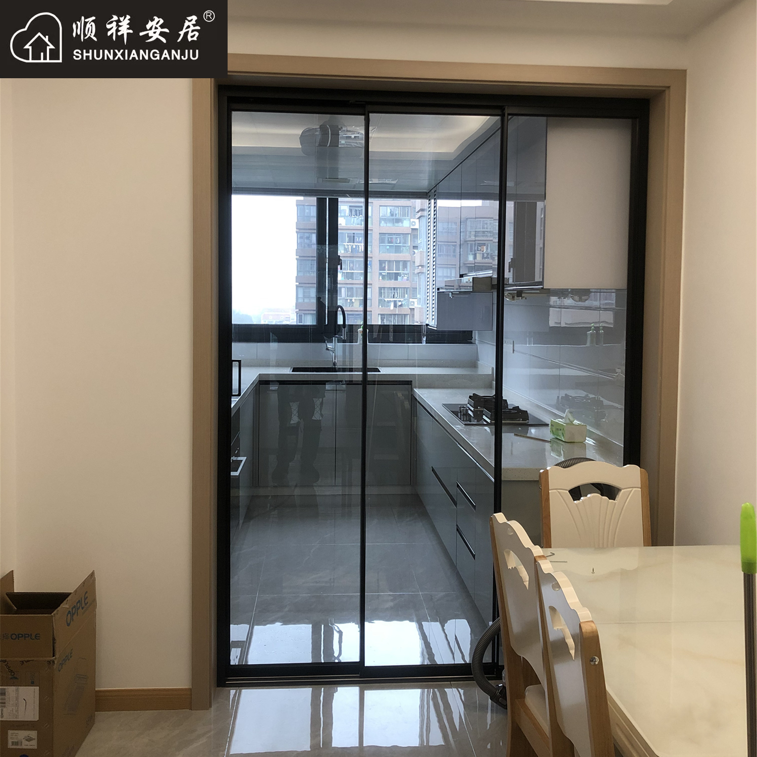 Shanghai Shunxiang Comfortable Housing Transfer Door Extremely Narrow Frame 10 cm Hanging Wheel Track Triple Linkage Titanium Magnesium Alloy Kitchen Glass Ramen