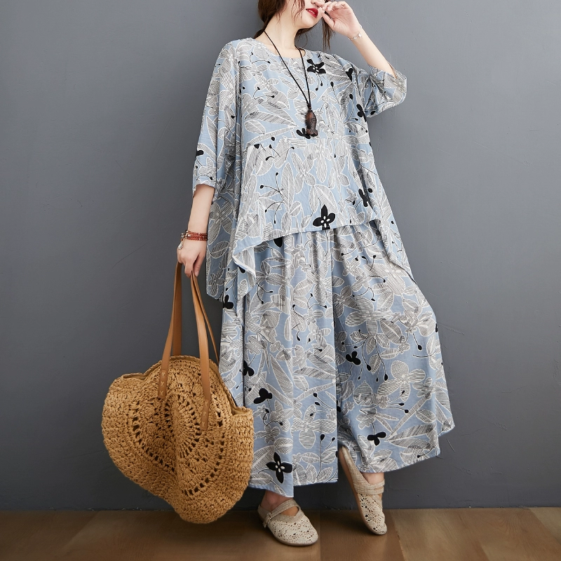 long skirt and top set DIMANAF Plus Size Two Piece Set Suit Women Clothing Vinatge Print Elegant Lady Tops Shirt Linen Loose Pants Female Suit Summer cute pj sets