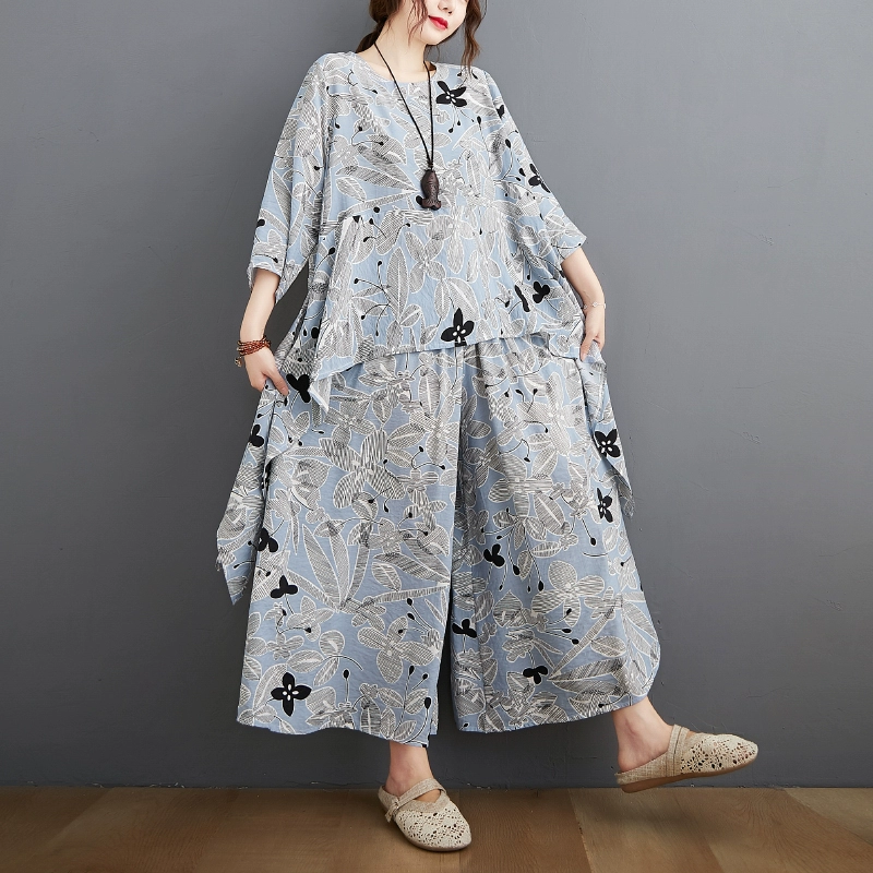 long skirt and top set DIMANAF Plus Size Two Piece Set Suit Women Clothing Vinatge Print Elegant Lady Tops Shirt Linen Loose Pants Female Suit Summer cute pj sets