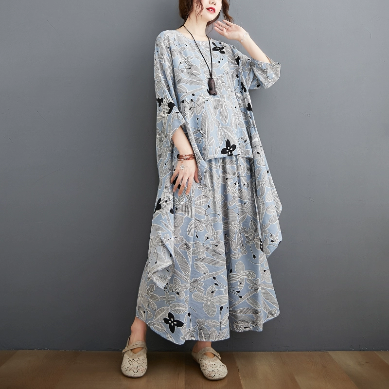 long skirt and top set DIMANAF Plus Size Two Piece Set Suit Women Clothing Vinatge Print Elegant Lady Tops Shirt Linen Loose Pants Female Suit Summer cute pj sets