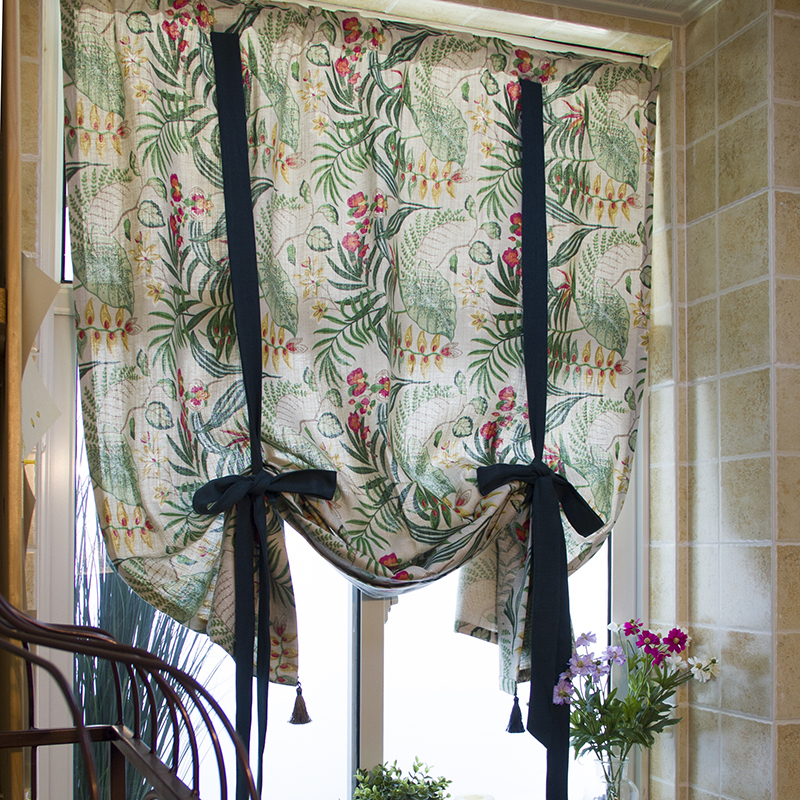 Nordic Green Geometric Plant American Retro Pull-Up Curtain Kitchen Bathroom Partition Tie-Back Ready-Made Curtain Polyester Linen