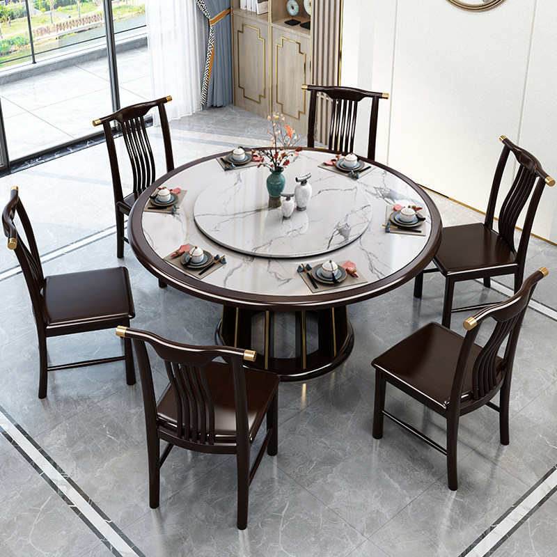 Solid wood dining table large round table 2m new Chinese rock board Hotel electric household dining table round marble table and chair combination