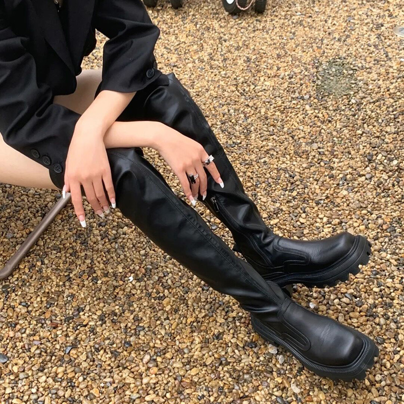 2026 Spring and Autumn Thick-Soled Square-Toe Over-The-Knee Boots, Square-Shaped Women's Elastic Thick High-Tube Slimming Long Boots, Size 40, Large Size 41