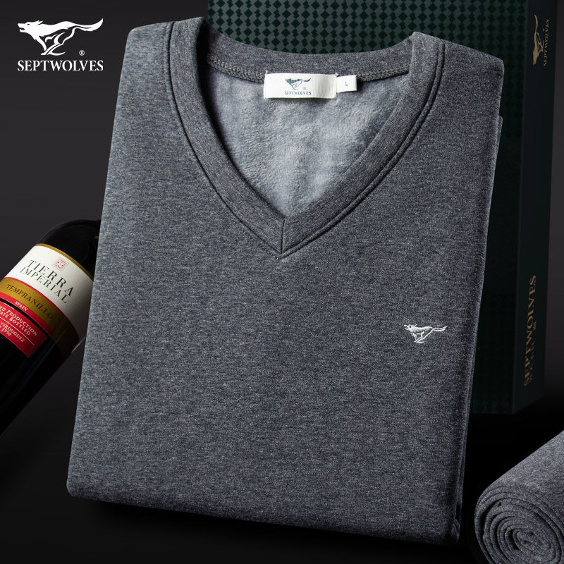 Seven wolves men's winter heating clothes men thickening plus suede version of autumn clothes sanitary pants suit fall V collar bottom