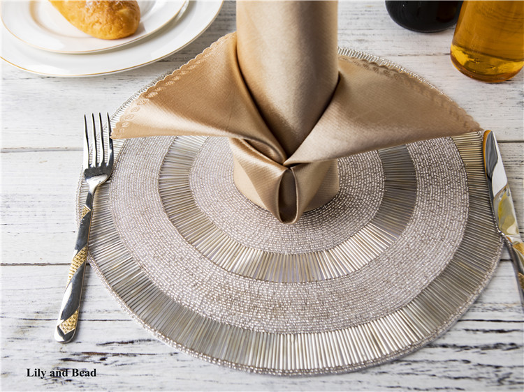 【Special】Silver Handmade Bead Embroidery Placemat with Two Long Tubes Inside and Outside, Small Luxury Restaurant Round Table Mat