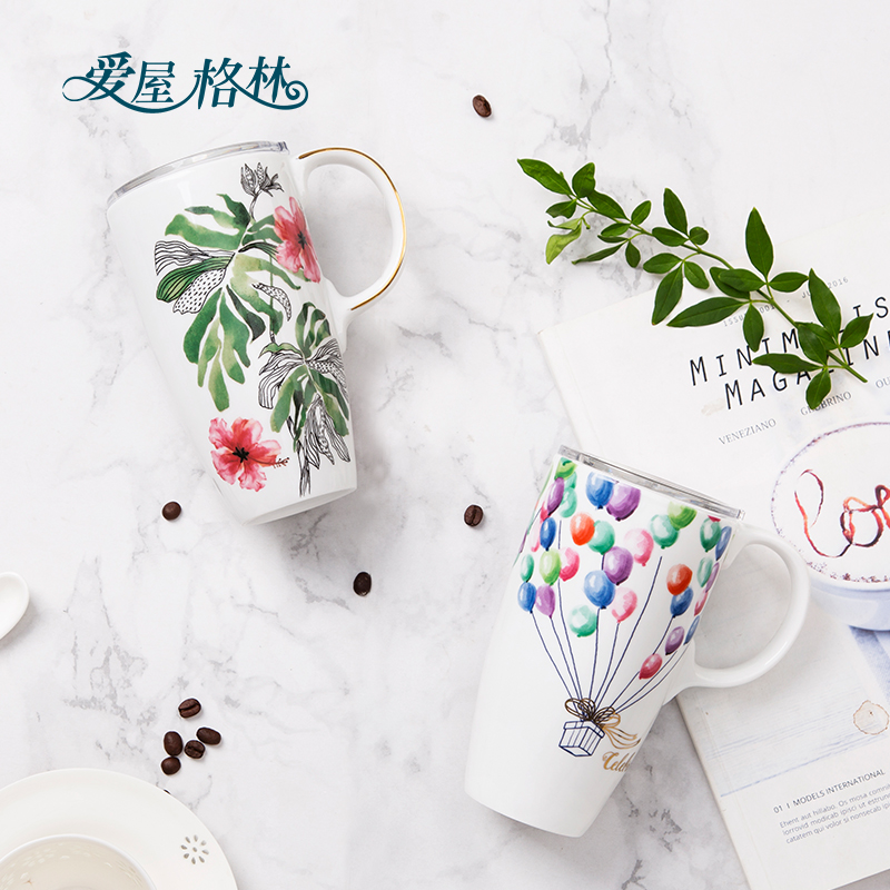 Love House Green High White Porcelain Mug Large Capacity Hand-painted Cup with Lid Breakfast Cup Household Water Cup Birthday Gift