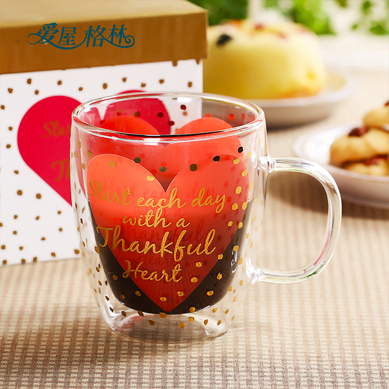Love house Green creative printed high temperature resistant office water glass with handle cup anti-burn and heat resistant double glass cup
