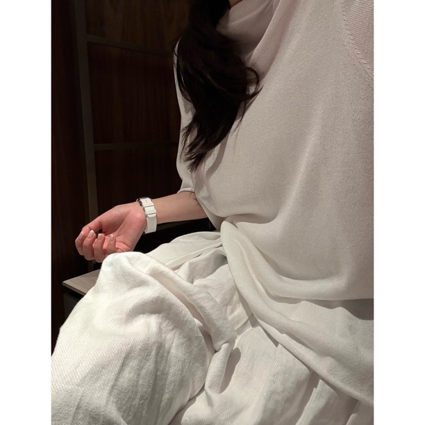 Peachzhou Japanese Paper Yarn Practical Basic Style Minimalist Rolled Edge Loose Round Neck Breathable Thin Knit Short Sleeve for Women