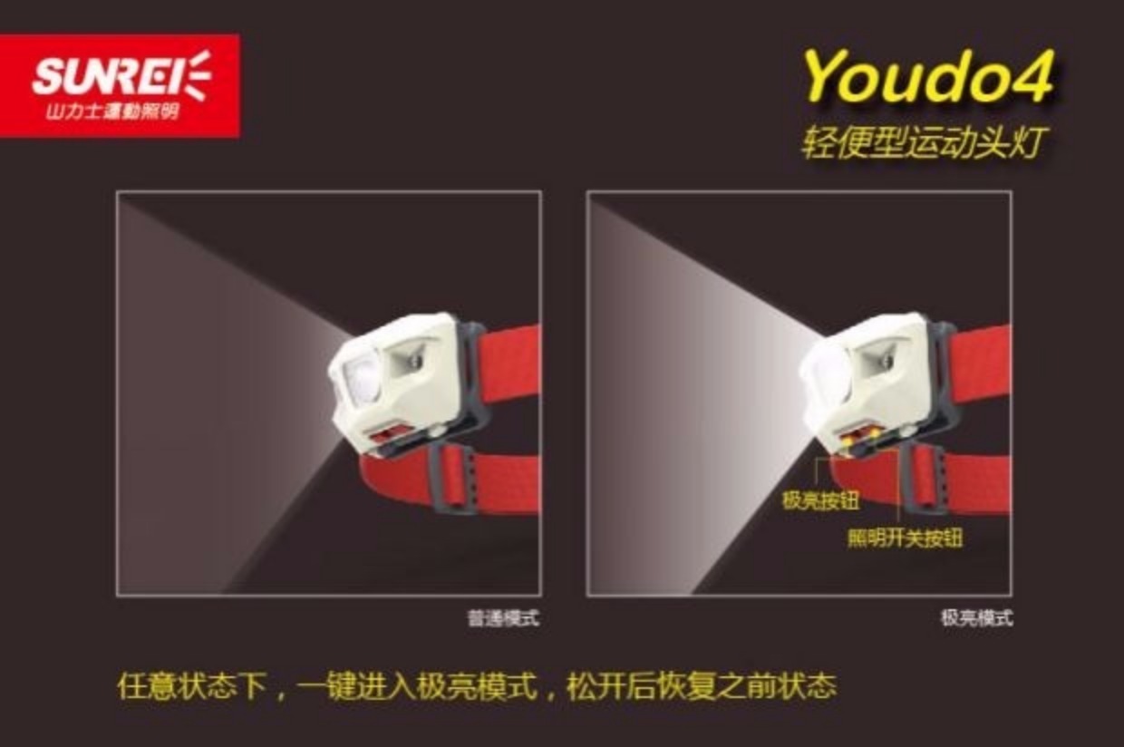 Authentic Shan Li Yue Yue 4 đèn pha ngoài trời LED chói ánh sáng leo núi đi bộ đường dài SUNREI không thấm nước nhẹ đèn pin nhỏ siêu sáng