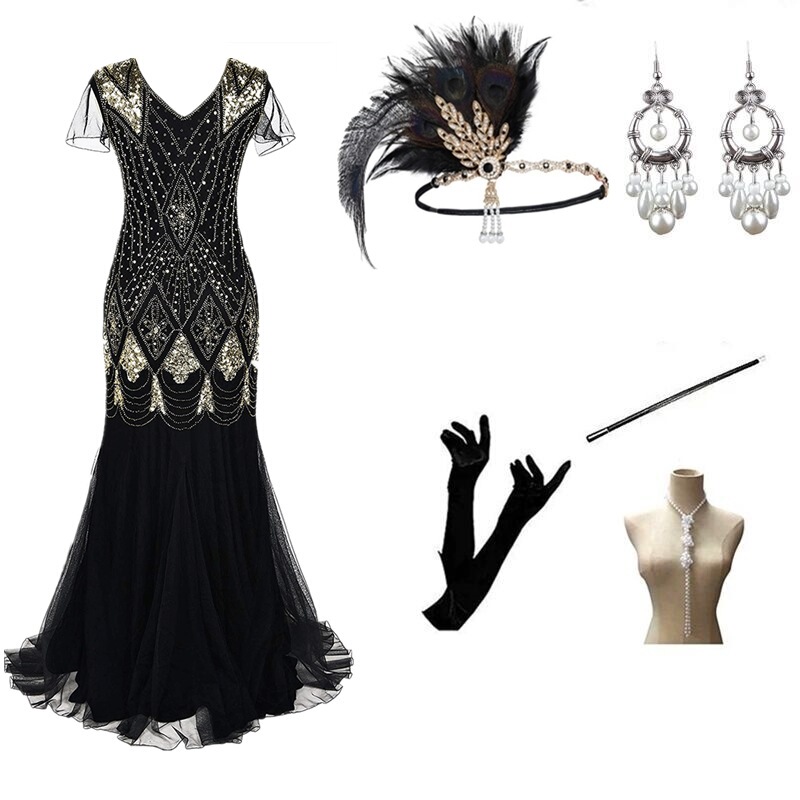 Amazon 1920S Retro Gatsby Evening Dress Sequined Long Dress V-Neck Banquet Dress