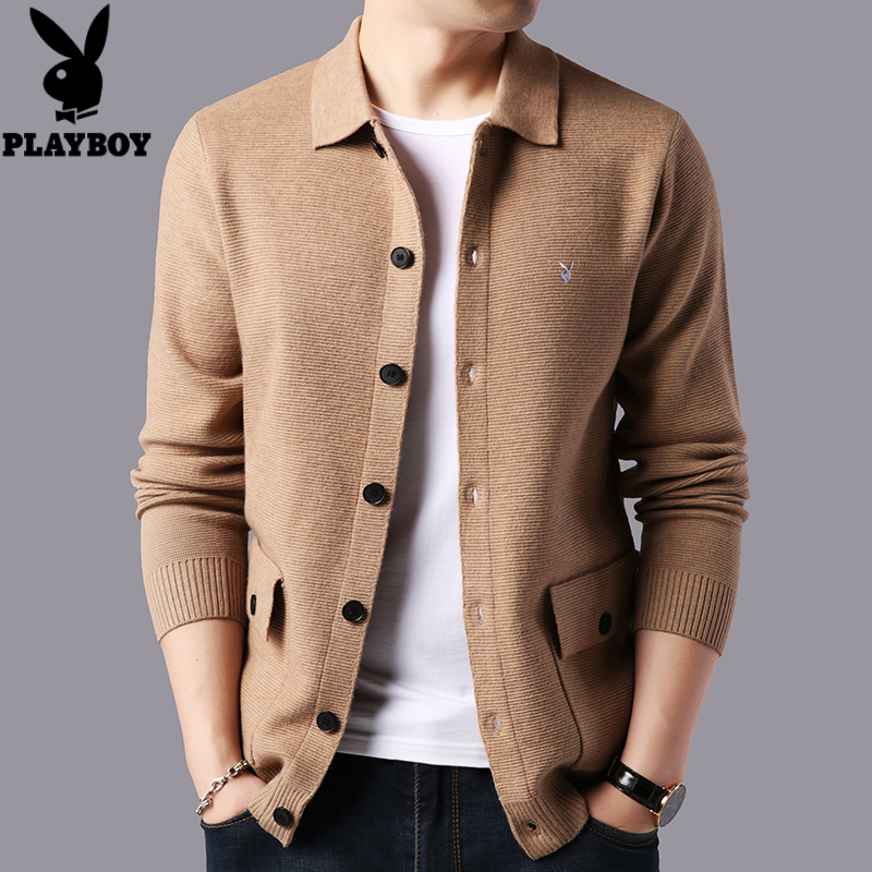 Playboy Xuân Thu mới cardigan nam thanh thiếu niên áo len áo len rắn màu áo khoác ngoài mặc knitsweater thủy triều.