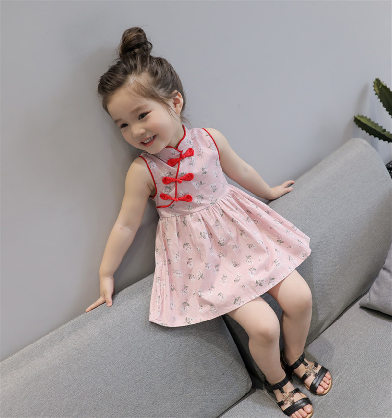 Cô gái ăn mặc 2018 mùa hè mới nữ bé quần áo trẻ em trẻ em váy retro cheongsam váy cô gái công chúa váy dam be gai