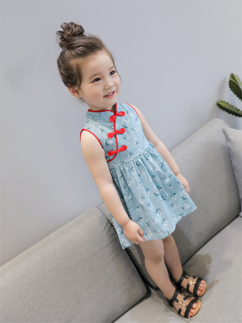 Cô gái ăn mặc 2018 mùa hè mới nữ bé quần áo trẻ em trẻ em váy retro cheongsam váy cô gái công chúa váy
