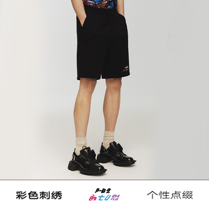 GXG男装【X-LAB】黑荔枝联名21年夏季新品黑色宽松字母卫裤男短裤