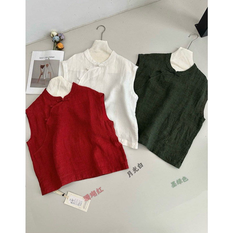 100% Shilin Sand-Washed Yarn-Dyed Linen New Chinese Style National Style Sleeveless Top Shirt Women's Clothing 00338