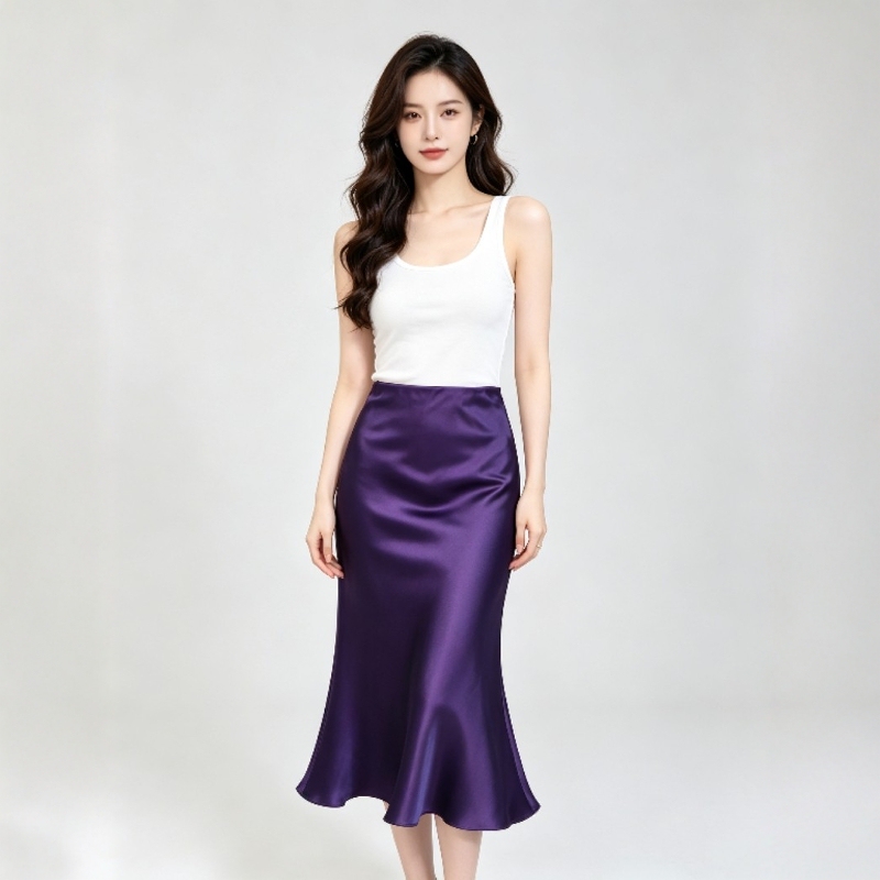 60mm Heavy Satin Mulberry Silk Xiangyun Yarn Noble Lady Fishtail Dress in Ink Purple, Bias-Cut High-End Version, Double-Sided Wear