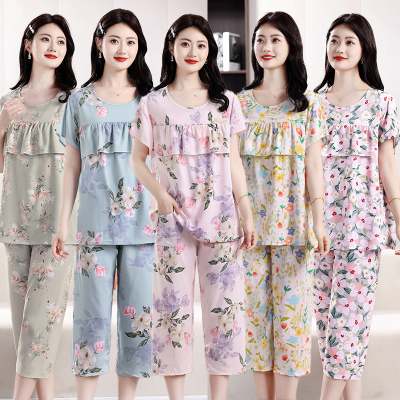 Anti-Bump Cotton Silk Pajamas for Women, Summer Thin Short-Sleeved Three-Quarter Pants Set, Loose Large Size Casual Home Wear Set