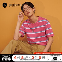 gxgjeans mens summer hot item ins wind printing T-shirt mens casual striped round neck short-sleeved T-shirt tide