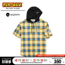 gxgjeans mens summer shirt mens short-sleeved college style literary Pac-man joint plaid hooded shirt