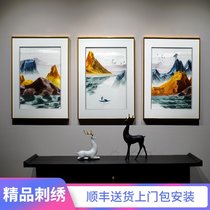 New Chinese style landscape triple hand embroidered painting golden mountain living room sofa background wall finished painting