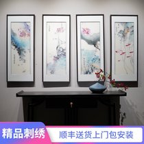 New Chinese ink lotus Lotus lotus fragrance Mantang picture with frame pure hand embroidered painting living room sofa background finished hanging painting