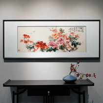 New Chinese style freehand style hand embroidered embroidery peony map sofa background wall TV Wall living room decoration painting