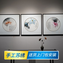 New Chinese writing in style Zen-style Lotus Pure Handmade Su Embroidered Embroidered Triple Sofa Background Wall Living Room Decoration Painting