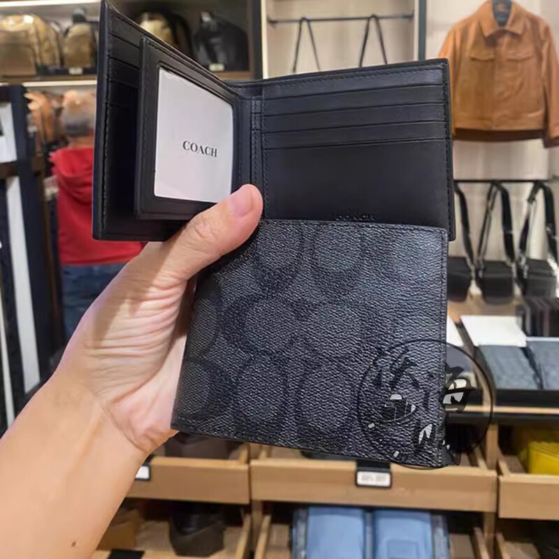 In-Stock in the Usa COACH Men's Short Wallet in Black and Gray with Printed Design 74993 66551 3008 74991