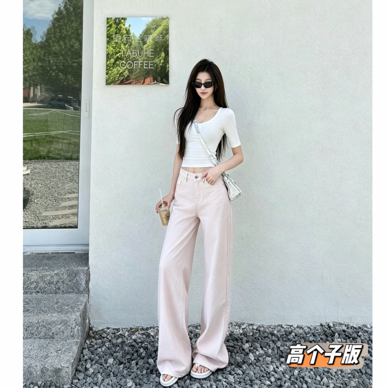 Cat House Extra Long Women's Pants for Tall Girls, Summer Pink Blush, Girlish Style, Custom-Dyed Pink Cotton-Linen Jeans, Trendy