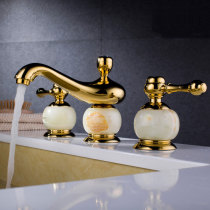 High-grade all-copper Jade washbasin faucet split three-hole basin faucet copper European gold-plated magic lamp basin faucet