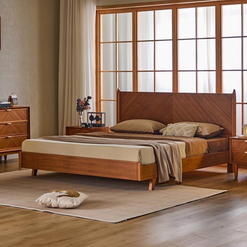 Yujie Fishbone Burmese Teak Solid Wood Bed Vintage Retro Style All Solid Wood Double Bed 1.8m Home Use Natural Wood Bed