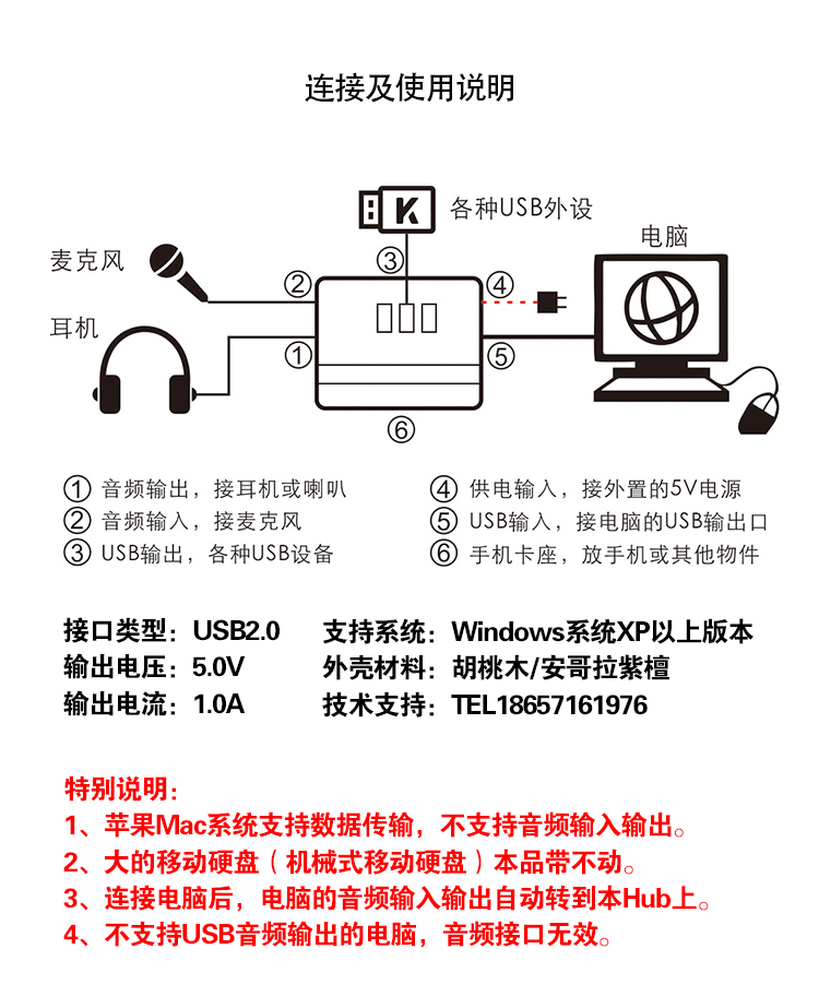 Đen óc chó gỗ tùy chỉnh biểu tượng máy tính xách tay usb dòng mở rộng đa giao diện trung tâm splitter với âm thanh - USB Aaccessories quạt cầm tay mini